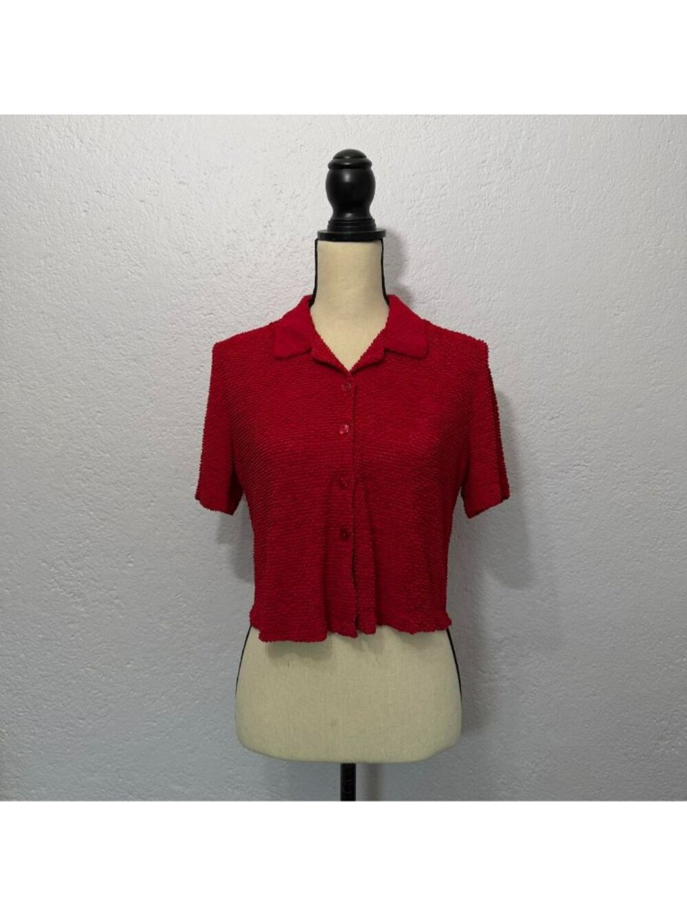 Y2K Red Cropped textured Button Up Blouse with Textured Weave